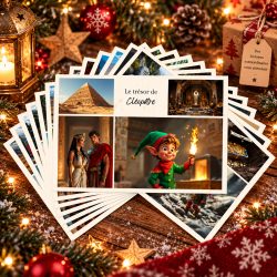 Cartes postales du kit Chasse aux trésors, dont « Le trésor de Cléopâtre » avec un lutin et sa torche