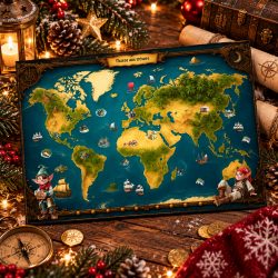 Carte du monde de la chasse aux trésors des lutins farceurs, avec bateaux et îles à explorer