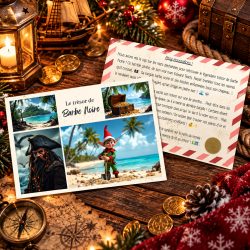Carte postale « Le trésor de Barbe Noire » du kit Chasse aux trésors : lutin pirate sur la plage, message au dos