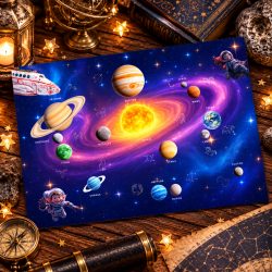 Carte du système solaire du kit Voyage Galactique, avec les planètes et un lutin astronaute