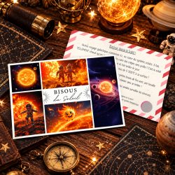 Carte postale « Bisous du Soleil » du kit Voyage Galactique : lutins astronautes, message au dos