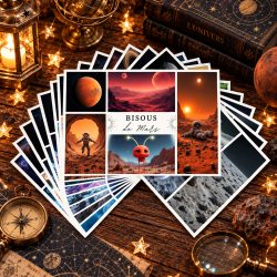 Cartes postales du kit Voyage Galactique, dont « Bisous de Mars » avec un lutin astronaute