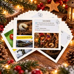 Cartes postales du kit Voyage dans le Jardin Endormi, avec les cartes d'identité des animaux de l'hiver
