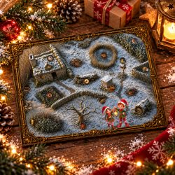 Plan du jardin endormi sous la neige que les lutins farceurs explorent à la rencontre des animaux de l'hiver