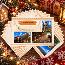 Cartes postales du kit Mythologie grecque, dont « Le Cyclope Polyphème » envoyée par les lutins
