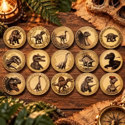 Les 15 pièces de collection du kit Dinosaures posées sur une table en bois, entre fougères et carte d'explorateur