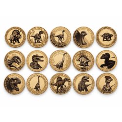 Les 15 pièces de collection dorées du kit Dinosaures, une pour chaque escale du voyage