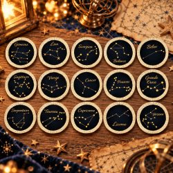 Les 15 pièces de collection du kit Voyage galactique, gravées de constellations, sur une table couverte d'étoiles dorées