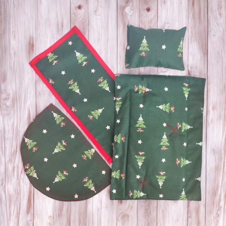 Ensemble de draps de lit faits main (4 pièces) – "Sapins fond vert"