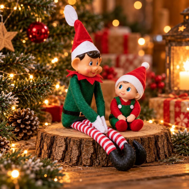Un bébé lutin en salopette assis à côté du lutin farceur de la famille