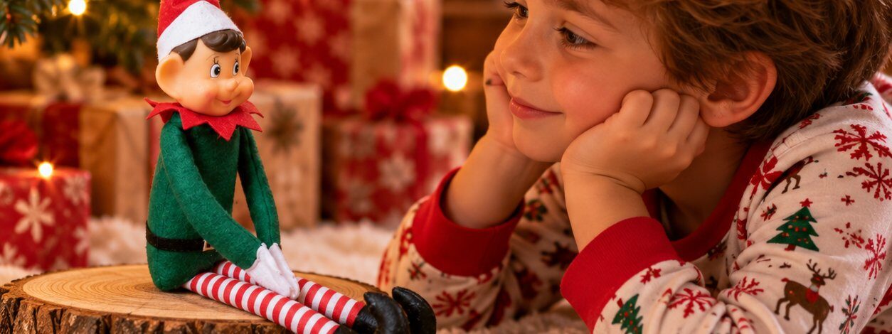 Enfant en pyjama allongé qui contemple son lutin farceur assis sur une rondelle de bois