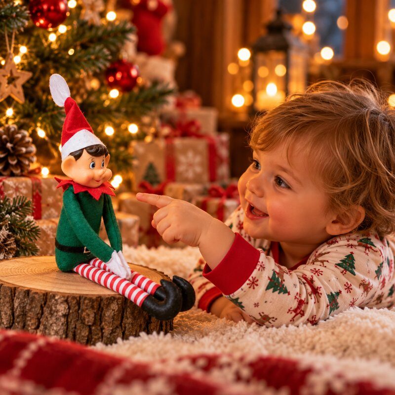 Tout-petit en pyjama qui pointe du doigt son lutin farceur devant le sapin