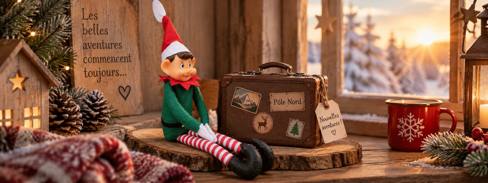 Lutin farceur assis à côté de sa valise du Pôle Nord au lever du jour