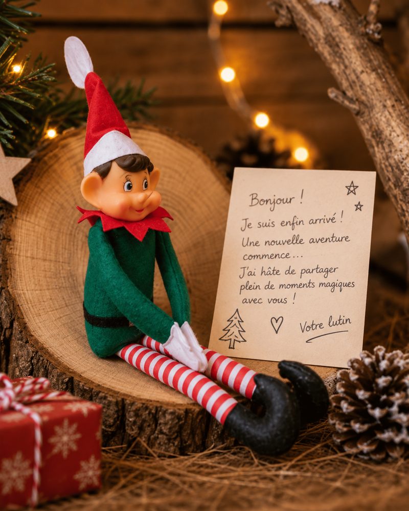 Lutin farceur assis à côté de son mot d'arrivée manuscrit