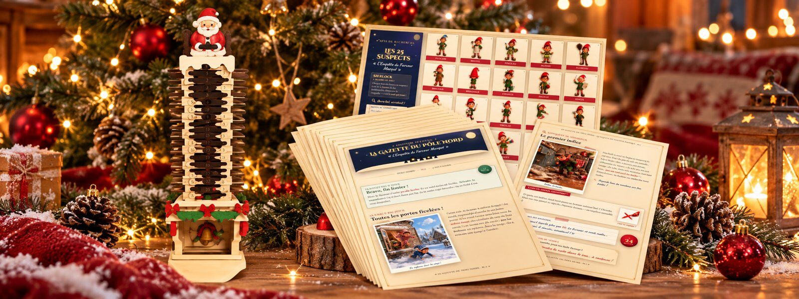Calendrier de l'Avent en bois à messages vocaux et Gazettes du Pôle Nord devant le sapin