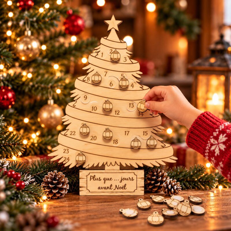 Compte à rebours de Noël : sapin en bois à scratch, une main pose la boule du jour