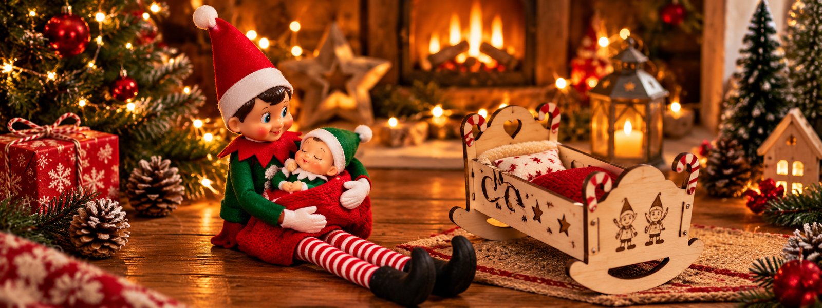 Le lutin farceur tenant son bébé lutin endormi, à côté du berceau à bascule en bois