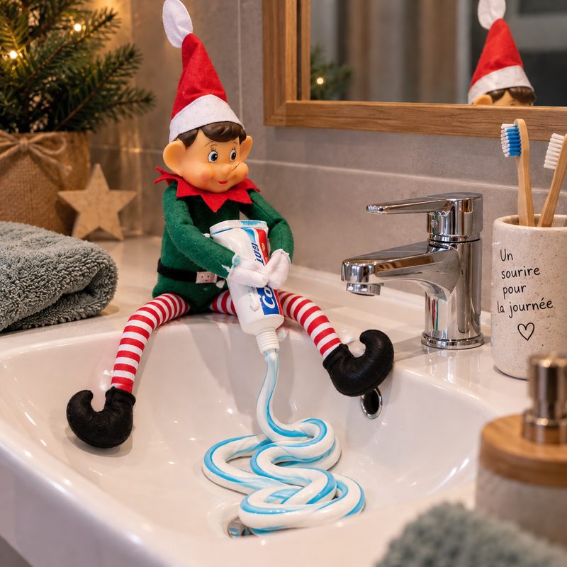 Bêtise de lutin : lutin qui vide le tube de dentifrice dans le lavabo