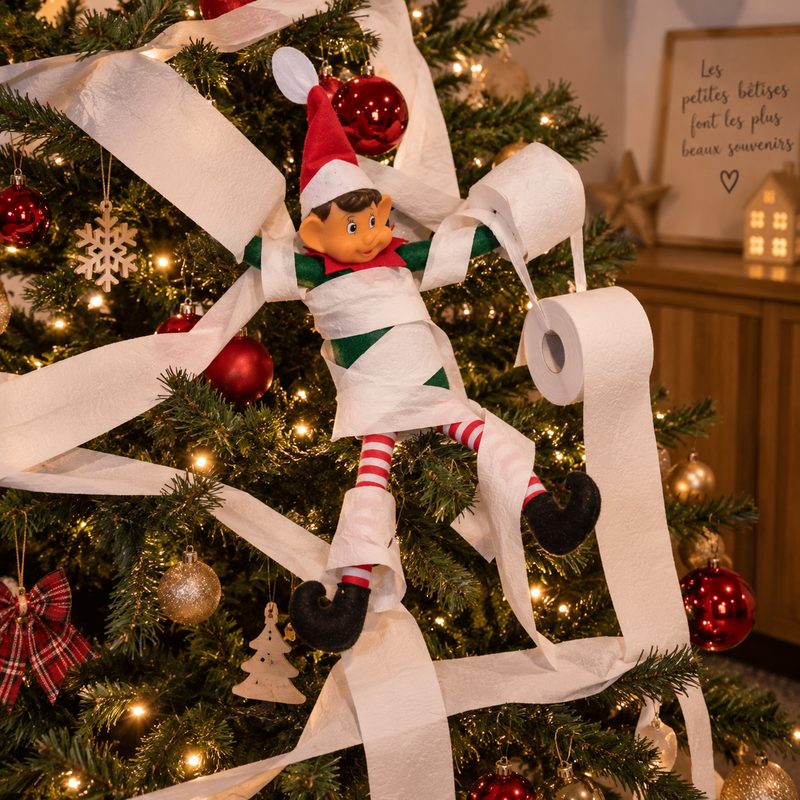 Bêtise de lutin : lutin enroulé dans du papier toilette déroulé sur le sapin