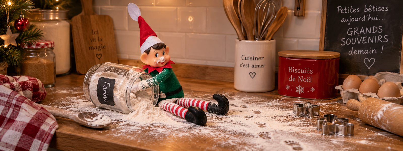 Lutin farceur qui a renversé le bocal de farine sur le plan de travail