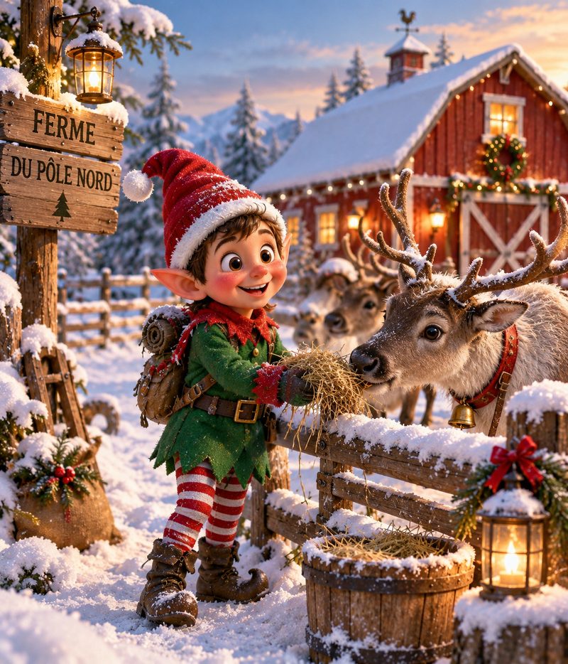 Lutin nourrissant les rennes devant la ferme du Pôle Nord