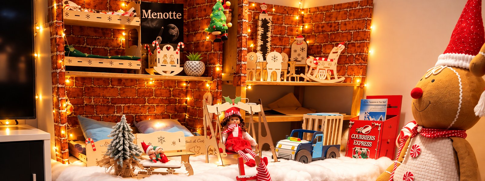 Le coin des lutins farceurs installé : lits, mobilier, balançoire et boîte aux lettres sous les guirlandes