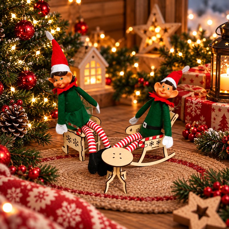 Ensemble mobilier pour lutins farceurs : banc, rocking-chair et guéridon en bois