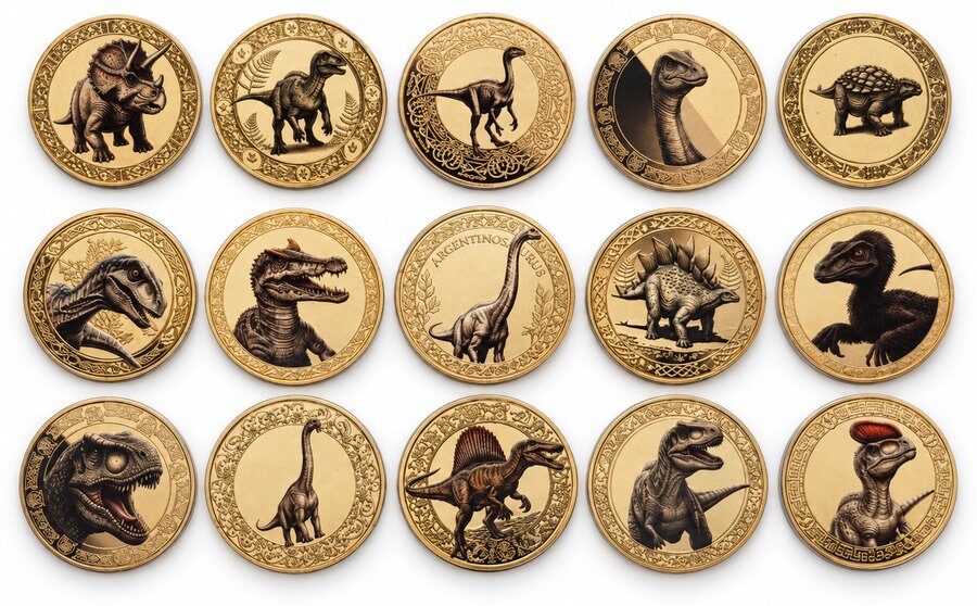 Les 15 pièces de collection du kit Dinosaures : tricératops, spinosaure et vélociraptor imprimés par sublimation