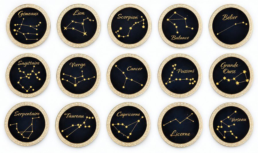 Les 15 pièces de collection du kit Voyage galactique : les constellations visibles depuis chaque planète et lune du voyage