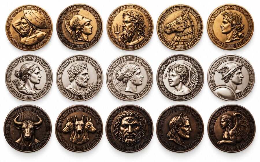 Les 15 pièces de collection du kit Mythologie grecque : Athéna, Poséidon, le cheval de Troie, le Minotaure