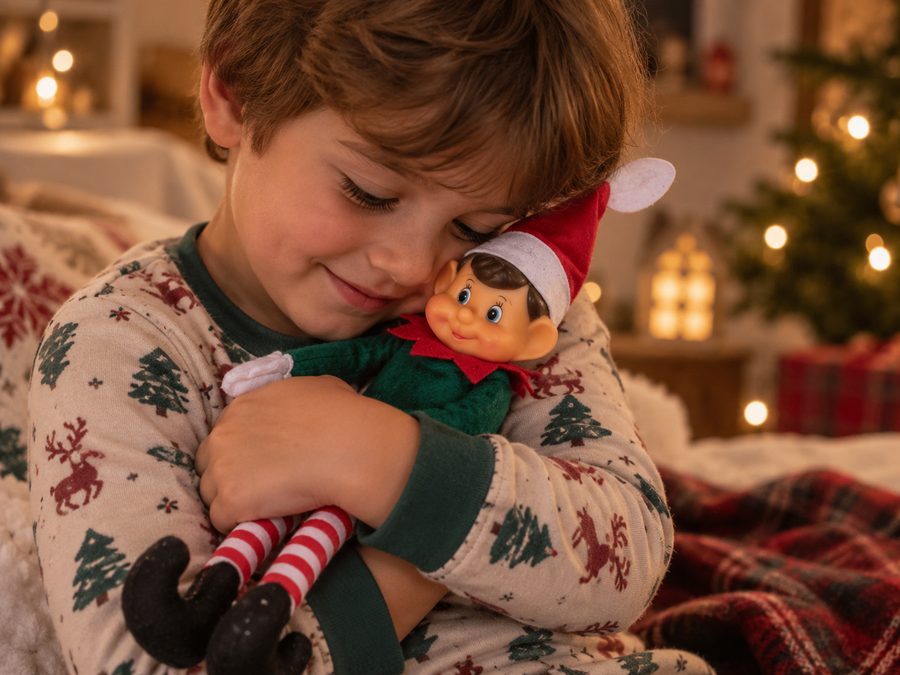 Enfant qui serre son lutin farceur dans ses bras devant le sapin