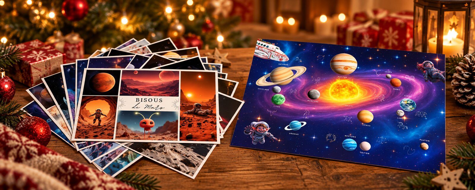 Les cartes postales du voyage des lutins farceurs et la carte du voyage posées sur une table de Noël